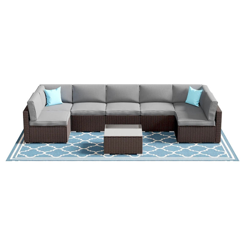 Ensemble de jardin sectionnel COSIEST 8 pièces en rotin synthétique avec coussins