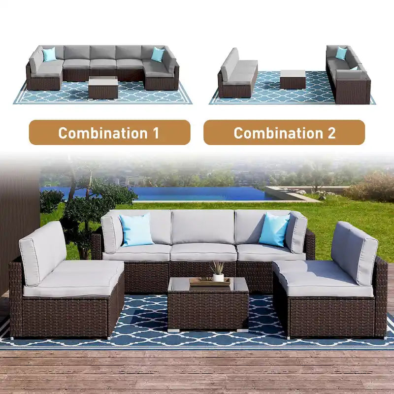 Ensemble de jardin sectionnel COSIEST 8 pièces en rotin synthétique avec coussins