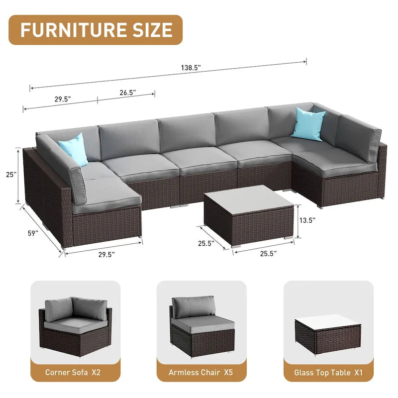 Ensemble de jardin sectionnel COSIEST 8 pièces en rotin synthétique avec coussins