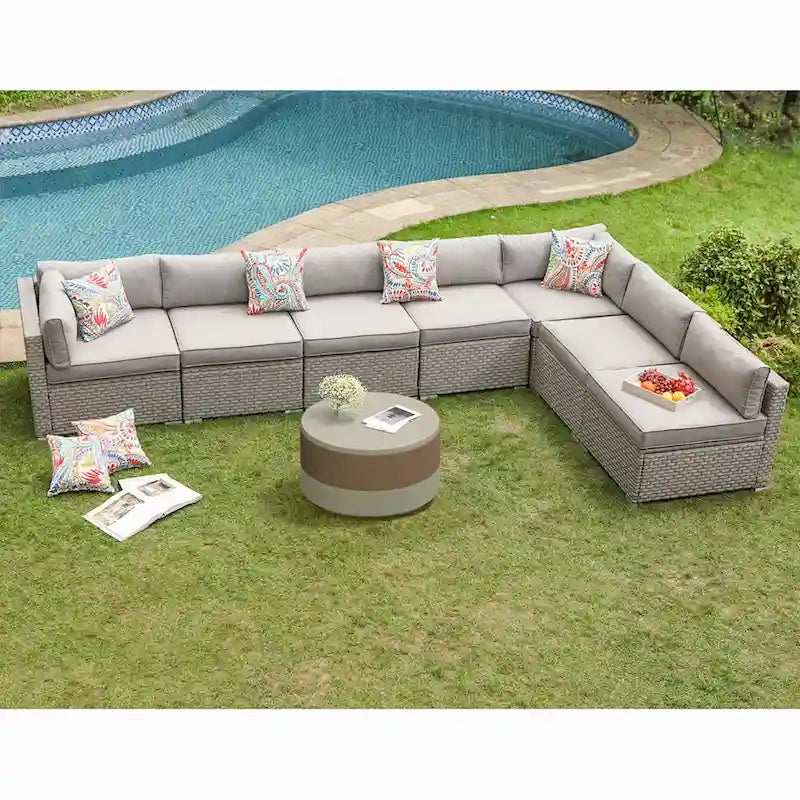Ensemble de jardin sectionnel COSIEST 8 pièces en rotin synthétique avec coussins