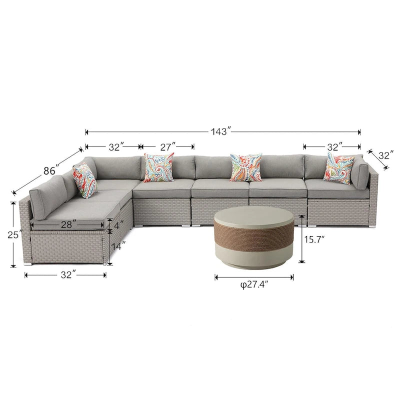 Ensemble de jardin sectionnel COSIEST 8 pièces en rotin synthétique avec coussins