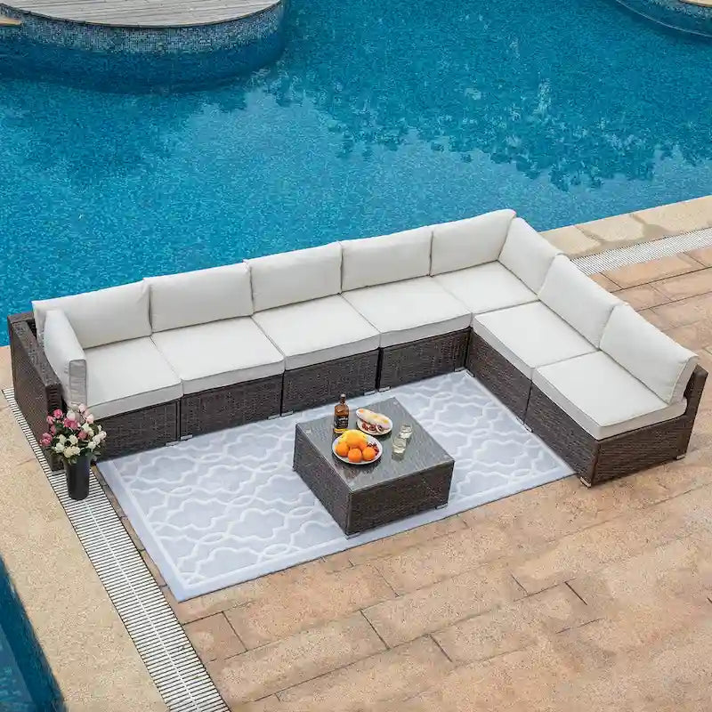 Ensemble de jardin sectionnel COSIEST 8 pièces en rotin synthétique avec coussins