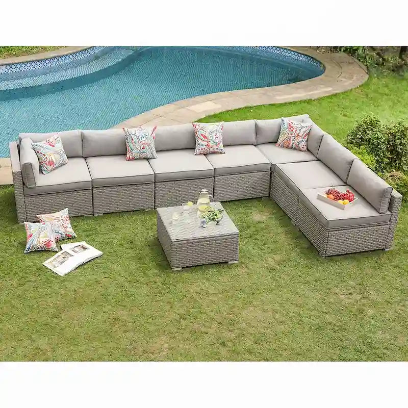 Ensemble de jardin sectionnel COSIEST 8 pièces en rotin synthétique avec coussins
