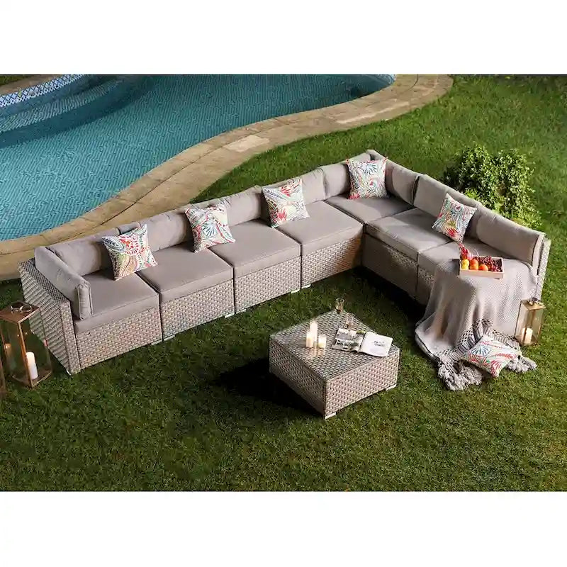 Ensemble de jardin sectionnel COSIEST 8 pièces en rotin synthétique avec coussins