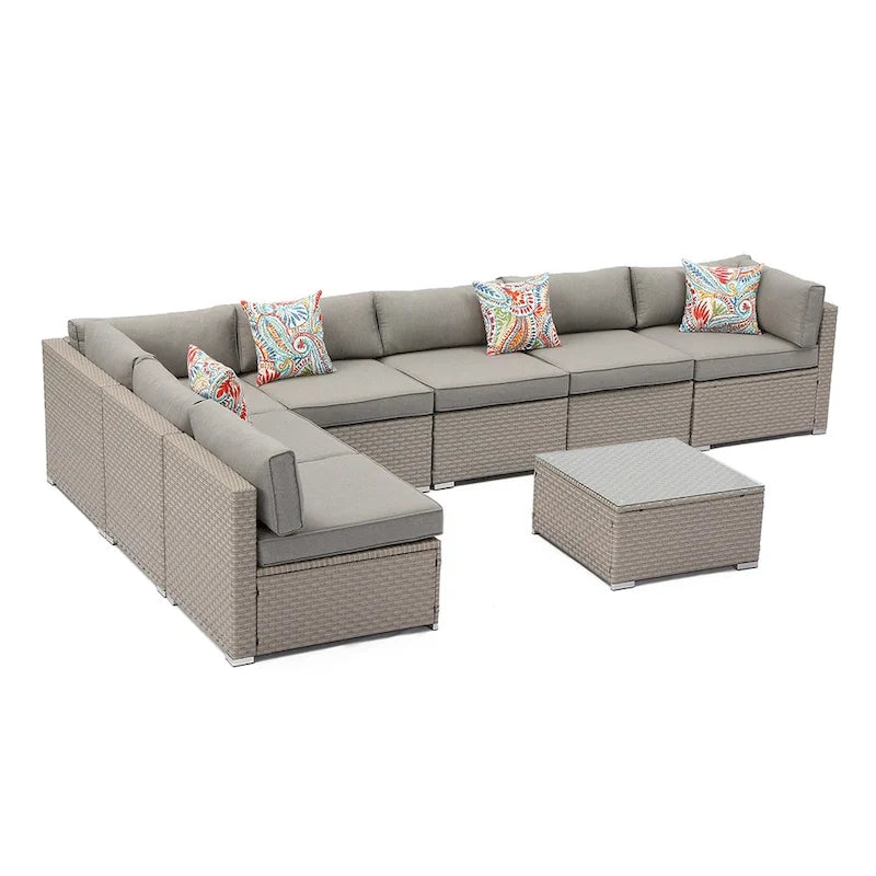 Ensemble de jardin sectionnel COSIEST 8 pièces en rotin synthétique avec coussins