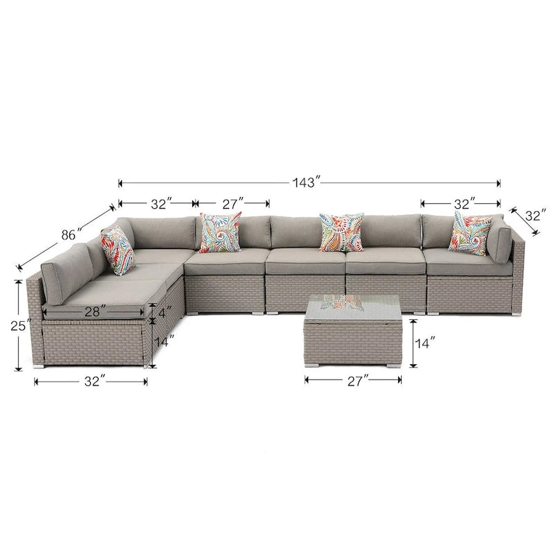 Ensemble de jardin sectionnel COSIEST 8 pièces en rotin synthétique avec coussins