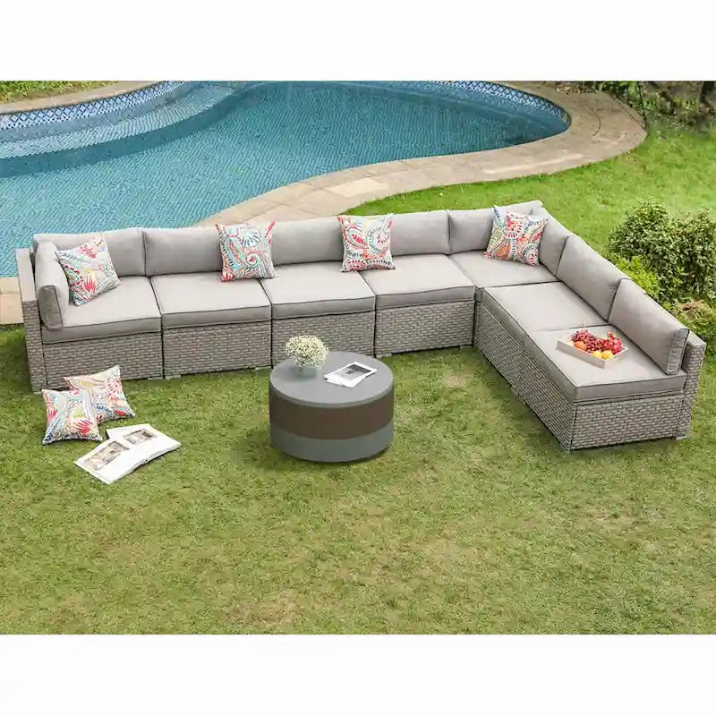Ensemble de jardin sectionnel COSIEST 8 pièces en rotin synthétique avec coussins