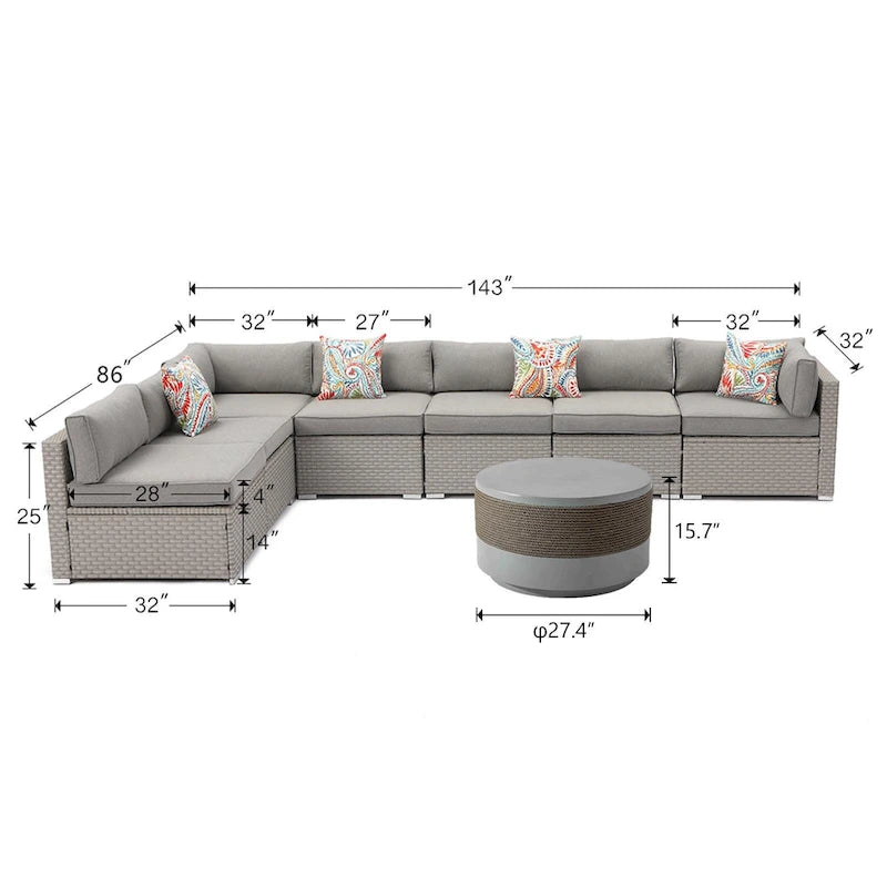 Ensemble de jardin sectionnel COSIEST 8 pièces en rotin synthétique avec coussins