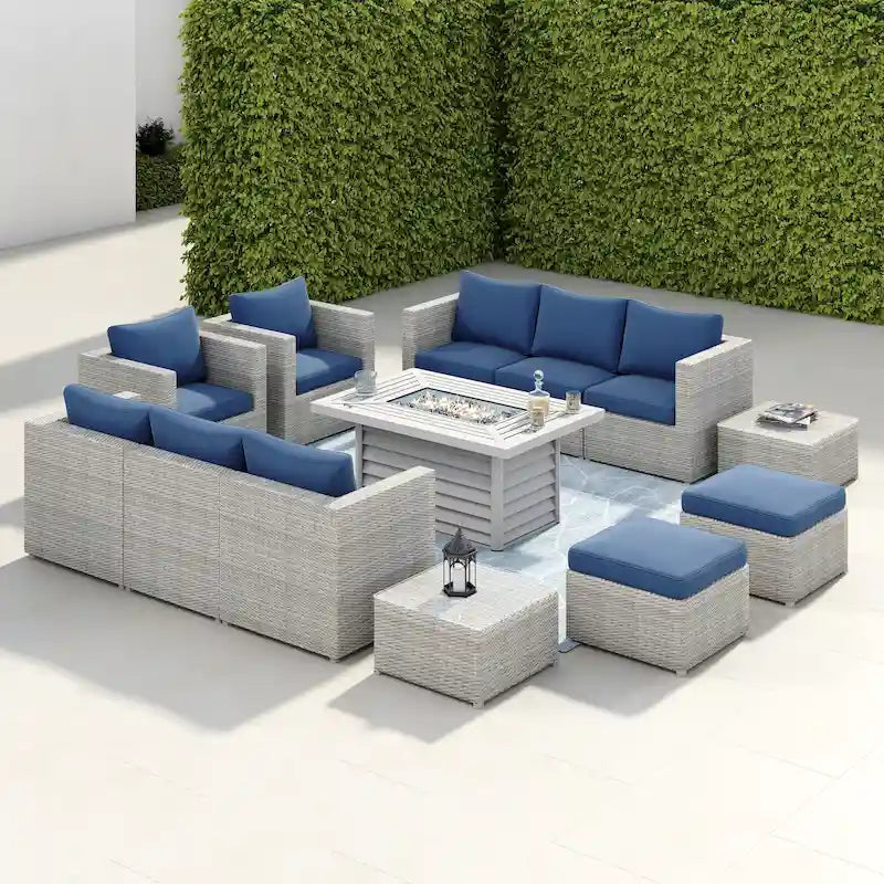 Ensemble de meubles de patio sectionnels Corvus Trey en osier tressé 13 pièces avec table brasero