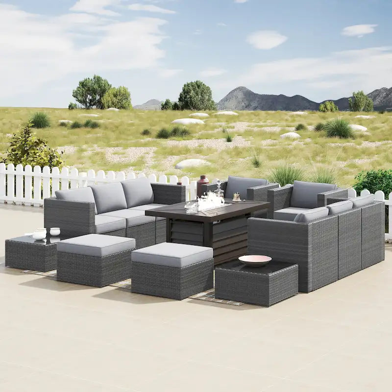 Ensemble de meubles de patio sectionnels Corvus Trey en osier tressé 13 pièces avec table brasero