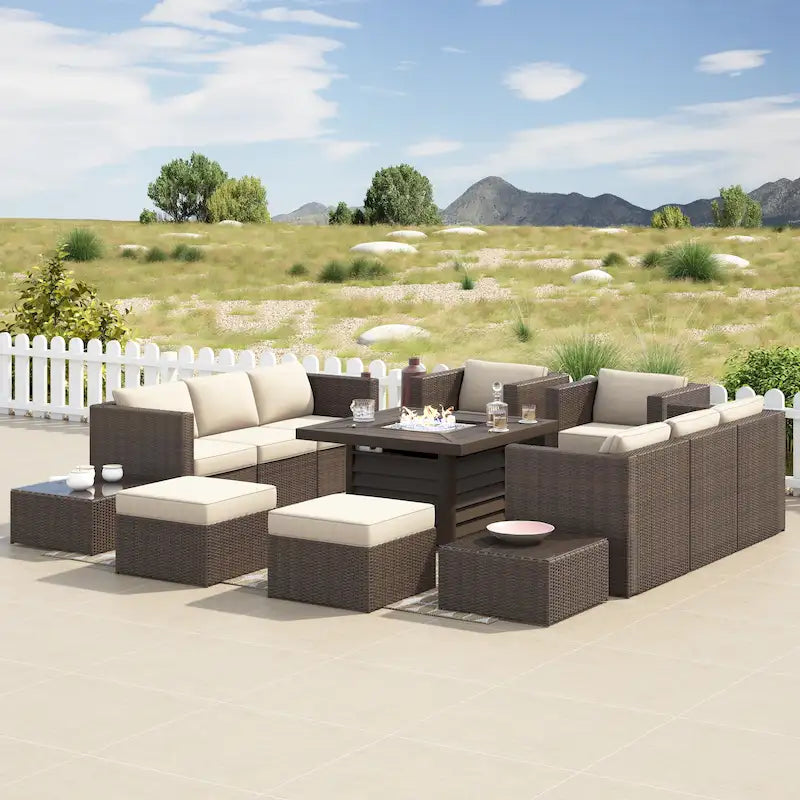 Ensemble de meubles de patio sectionnels Corvus Trey en osier tressé 13 pièces avec table brasero