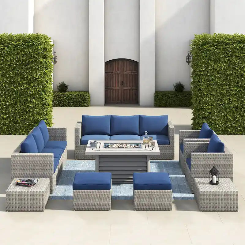 Ensemble de meubles de patio sectionnels Corvus Trey en osier tressé 13 pièces avec table brasero