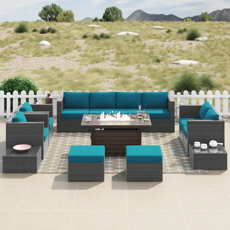 Ensemble de meubles de patio sectionnels Corvus Trey en osier tressé 13 pièces avec table brasero