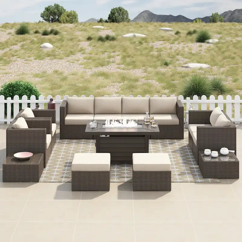 Ensemble de meubles de patio sectionnels Corvus Trey en osier tressé 13 pièces avec table brasero