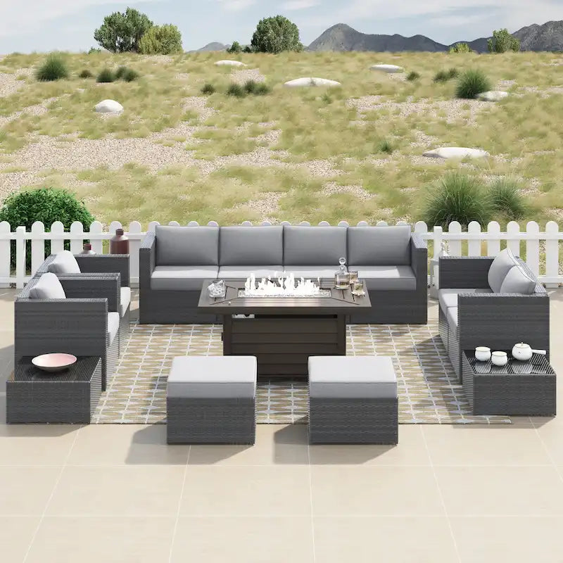 Ensemble de meubles de patio sectionnels Corvus Trey en osier tressé 13 pièces avec table brasero