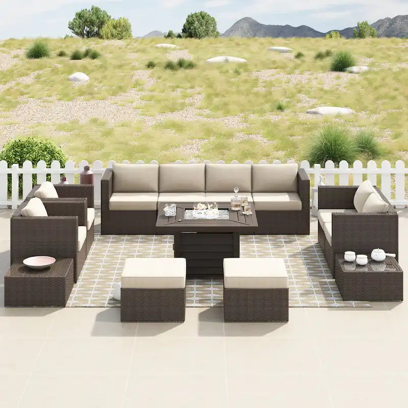 Ensemble de meubles de patio sectionnels Corvus Trey en osier tressé 13 pièces avec table brasero