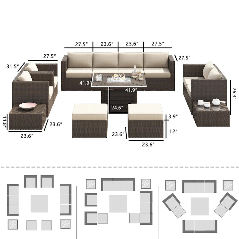 Ensemble de meubles de patio sectionnels Corvus Trey en osier tressé 13 pièces avec table brasero