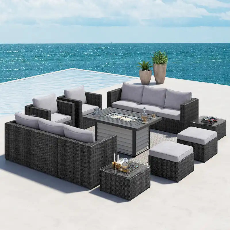 Ensemble de meubles de patio sectionnels Corvus Trey en osier tressé 13 pièces avec table brasero