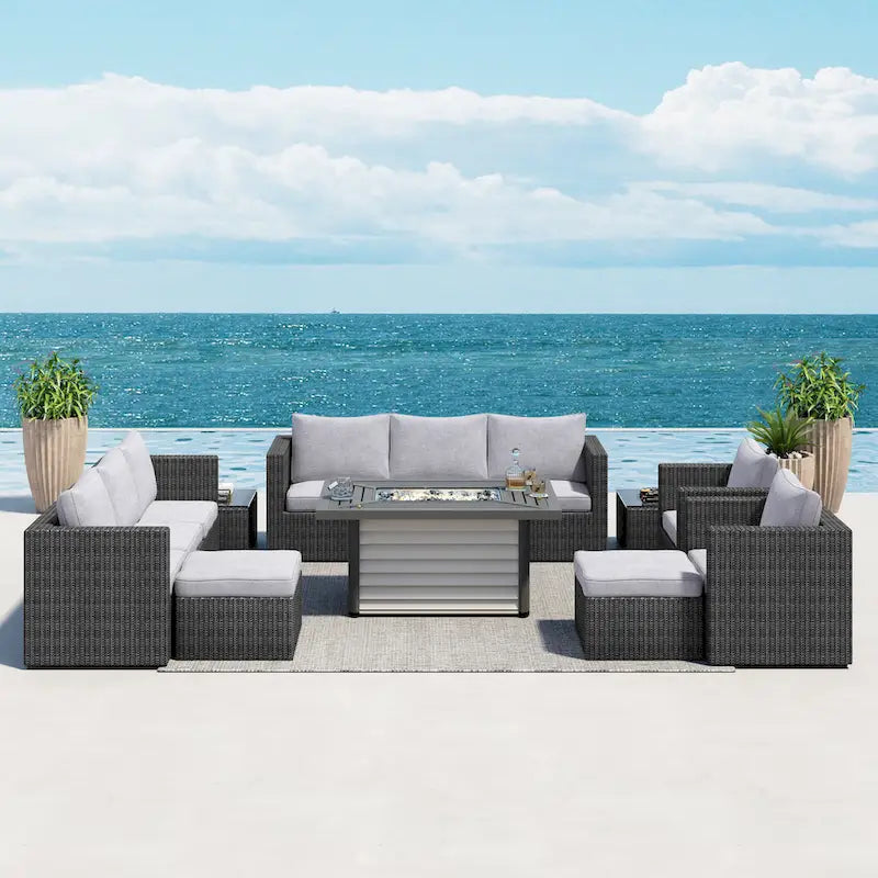 Ensemble de meubles de patio sectionnels Corvus Trey en osier tressé 13 pièces avec table brasero