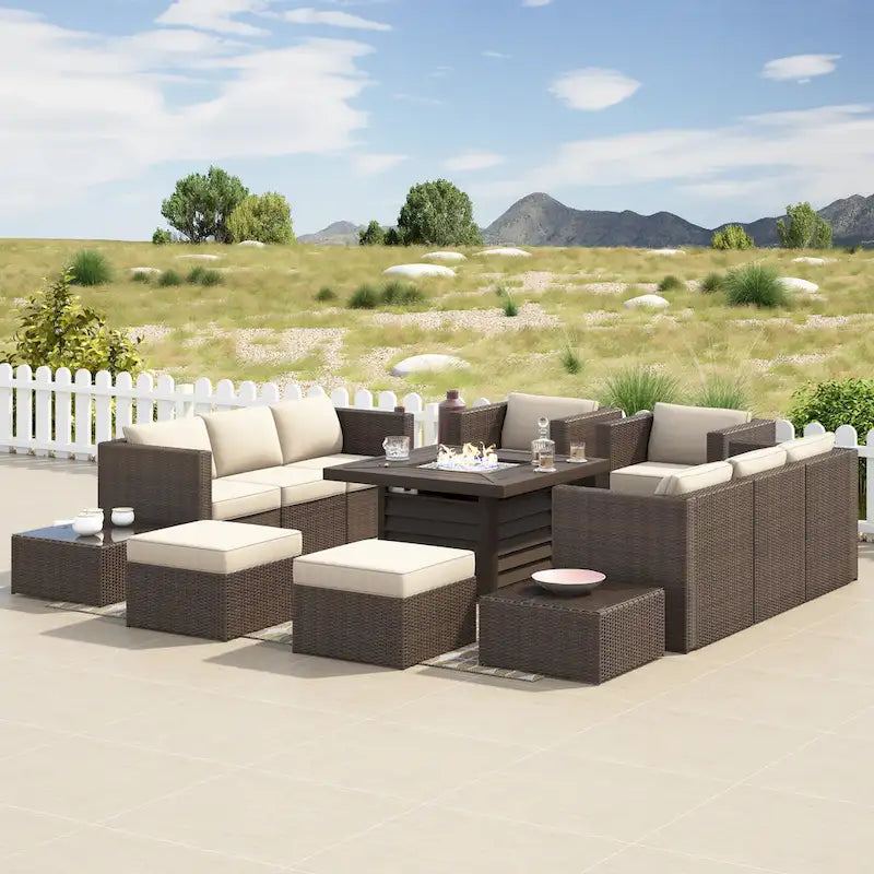 Ensemble de meubles de patio sectionnels Corvus Trey en osier tressé 13 pièces avec table brasero