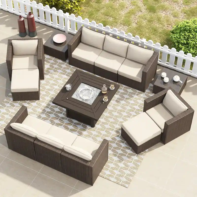 Ensemble de meubles de patio sectionnels Corvus Trey en osier tressé 13 pièces avec table brasero