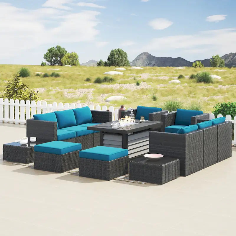 Ensemble de meubles de patio sectionnels Corvus Trey en osier tressé 13 pièces avec table brasero