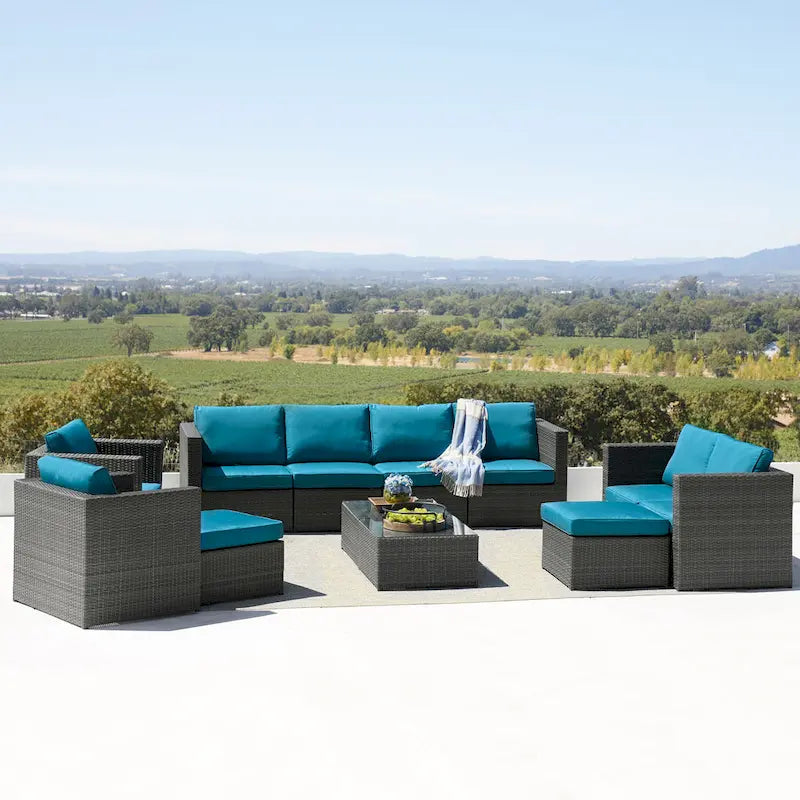 Ensemble de meubles de patio sectionnels Corvus Trey en osier tressé 13 pièces avec table brasero