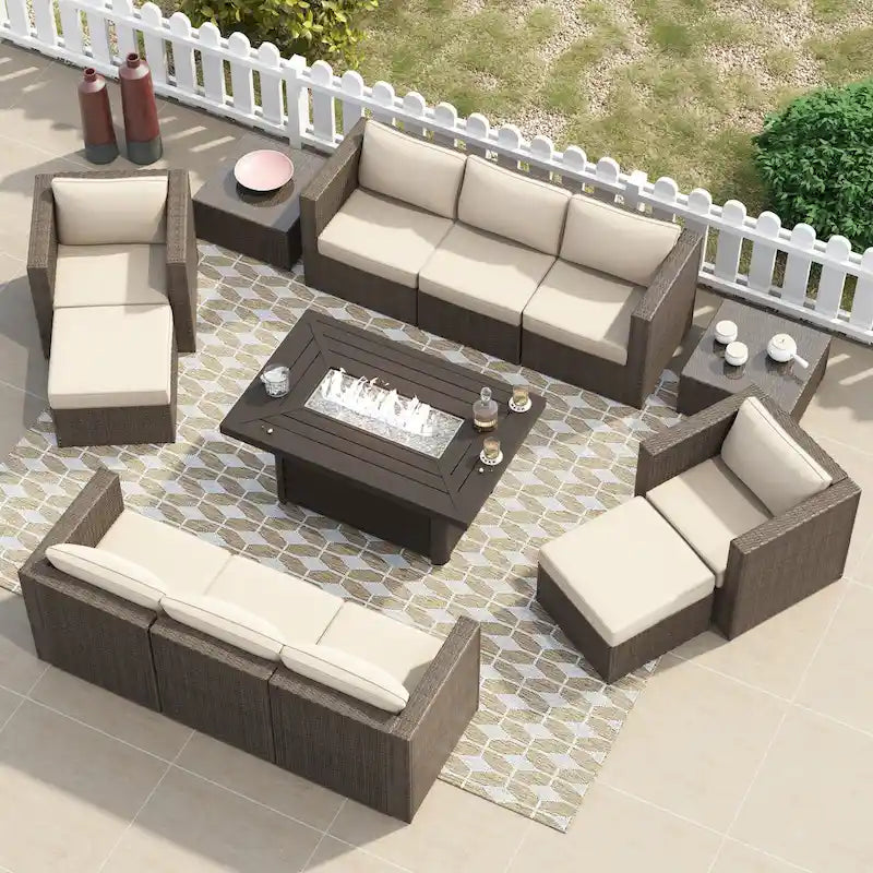 Ensemble de meubles de patio sectionnels Corvus Trey en osier tressé 13 pièces avec table brasero