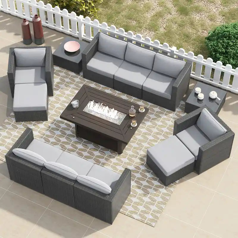Ensemble de meubles de patio sectionnels Corvus Trey en osier tressé 13 pièces avec table brasero