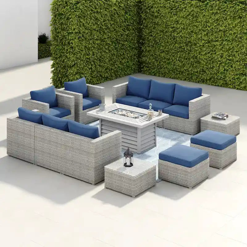 Ensemble de meubles de patio sectionnels Corvus Trey en osier tressé 13 pièces avec table brasero
