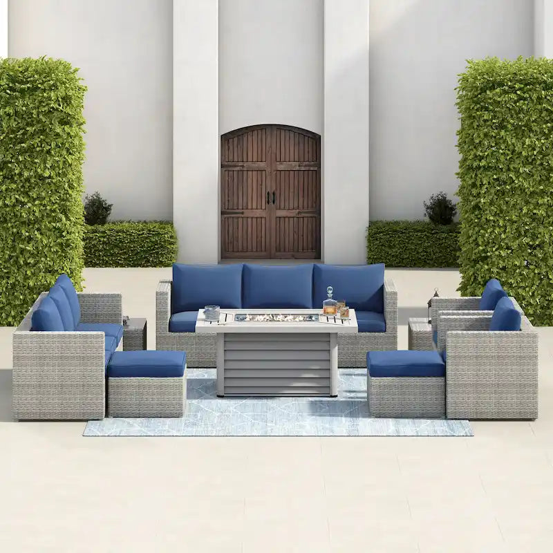 Ensemble de meubles de patio sectionnels Corvus Trey en osier tressé 13 pièces avec table brasero