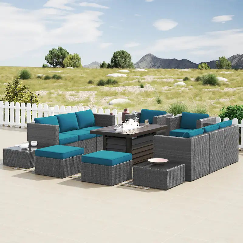 Ensemble de meubles de patio sectionnels Corvus Trey en osier tressé 13 pièces avec table brasero