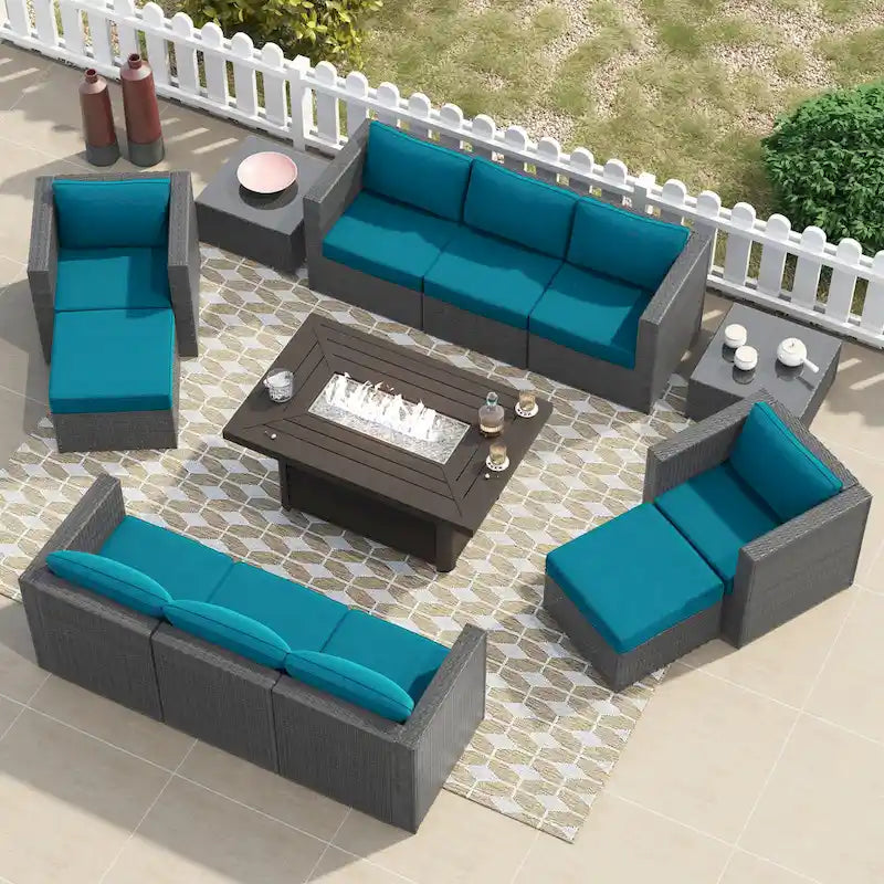 Ensemble de meubles de patio sectionnels Corvus Trey en osier tressé 13 pièces avec table brasero