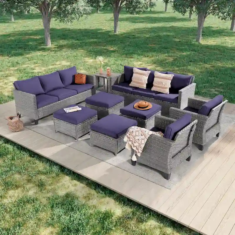 LIVOOSUN Ensemble de canapés de patio 9 pièces en rotin PE gris avec poufs et table