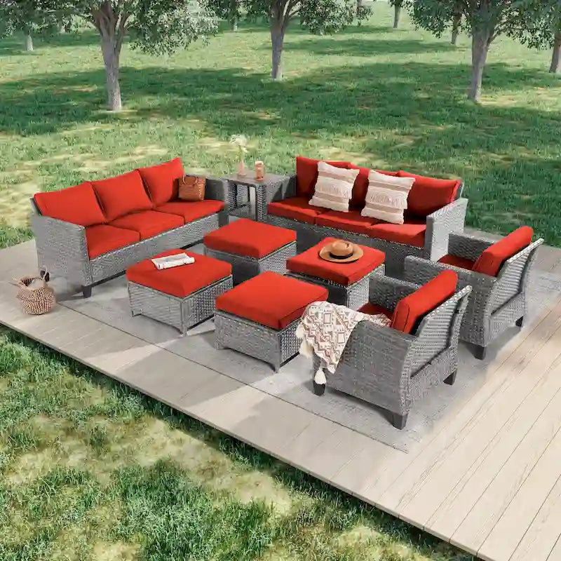 LIVOOSUN Ensemble de canapés de patio 9 pièces en rotin PE gris avec poufs et table