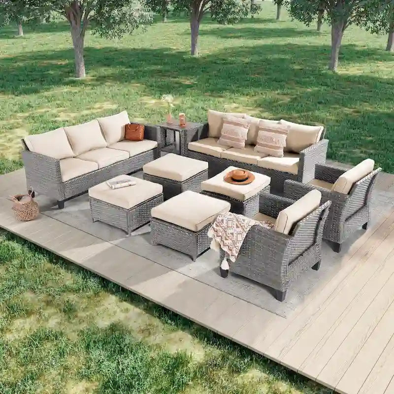 LIVOOSUN Ensemble de canapés de patio 9 pièces en rotin PE gris avec poufs et table