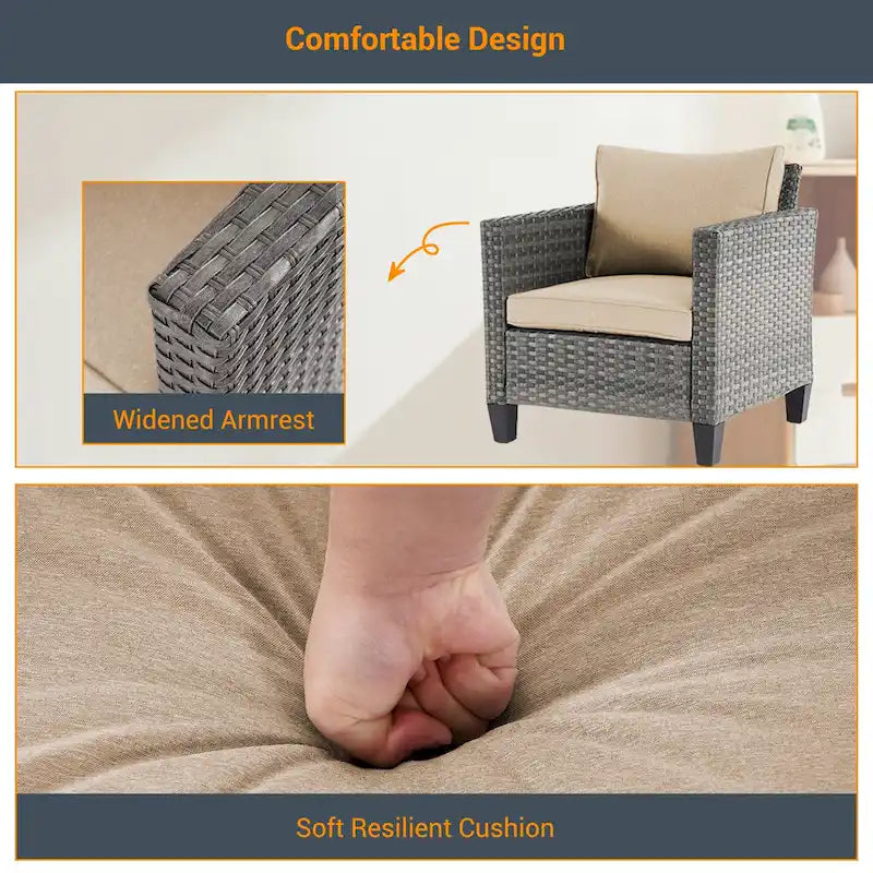 LIVOOSUN Ensemble de canapés de patio 9 pièces en rotin PE gris avec poufs et table