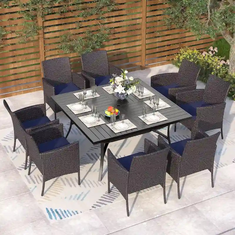 MAISON ARTS Ensemble de salle à manger de patio 9 pièces, table carrée en métal de 60 pouces et chaises de salle à manger en rotin