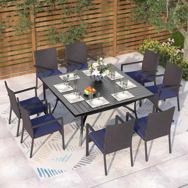 MAISON ARTS Ensemble de salle à manger de patio 9 pièces, table carrée en métal de 60 pouces et chaises de salle à manger en rotin