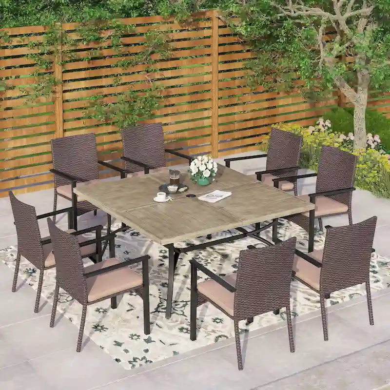 MAISON ARTS Ensemble de salle à manger de patio 9 pièces, table carrée en métal de 60 pouces et chaises de salle à manger en rotin
