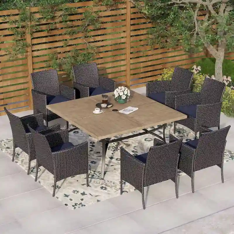 MAISON ARTS Ensemble de salle à manger de patio 9 pièces, table carrée en métal de 60 pouces et chaises de salle à manger en rotin