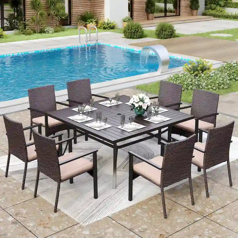 MAISON ARTS 9 Pieces Patio Dining Set, 60 Inch Square Metal Table and Rattan Dining Chairs