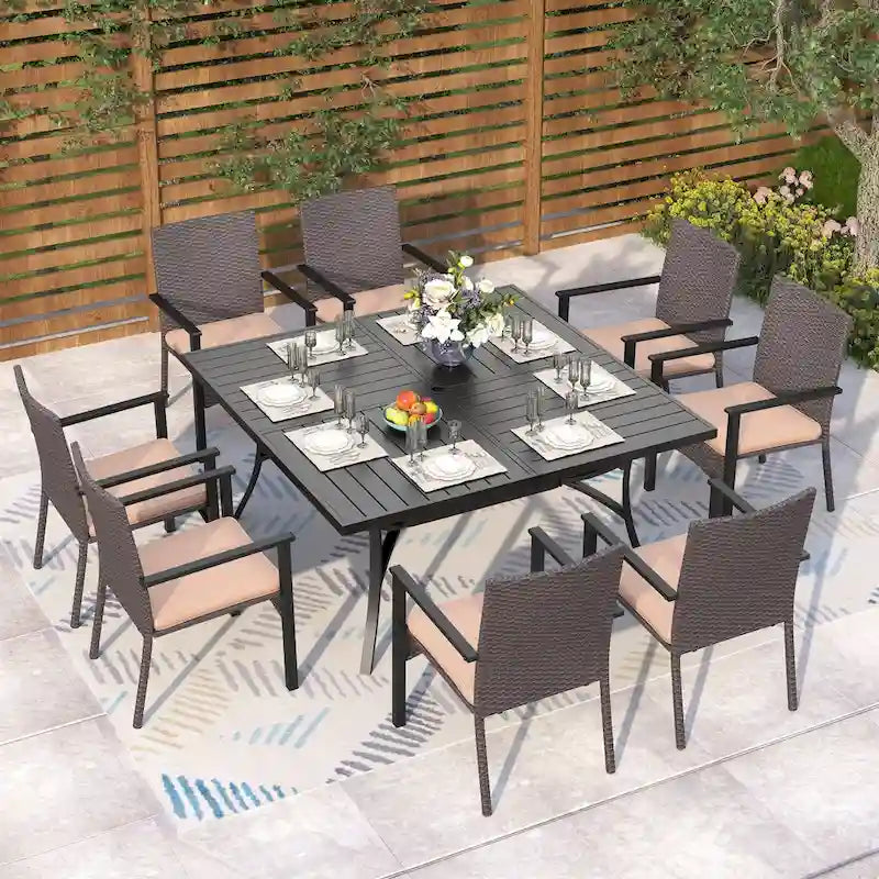 MAISON ARTS Ensemble de salle à manger de patio 9 pièces, table carrée en métal de 60 pouces et chaises de salle à manger en rotin