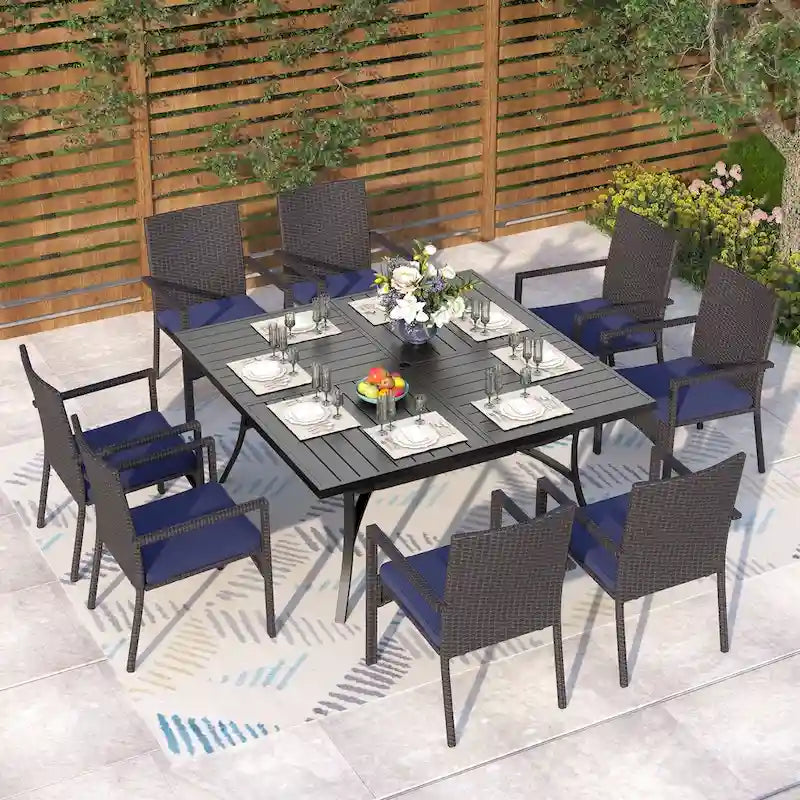 MAISON ARTS Ensemble de salle à manger de patio 9 pièces, table carrée en métal de 60 pouces et chaises de salle à manger en rotin