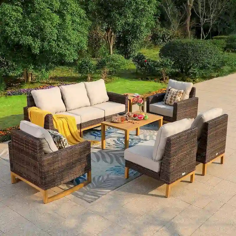 Ensemble de mobilier de jardin 6/9 pièces en rotin et osier avec fauteuil pivotant et rocking-chair