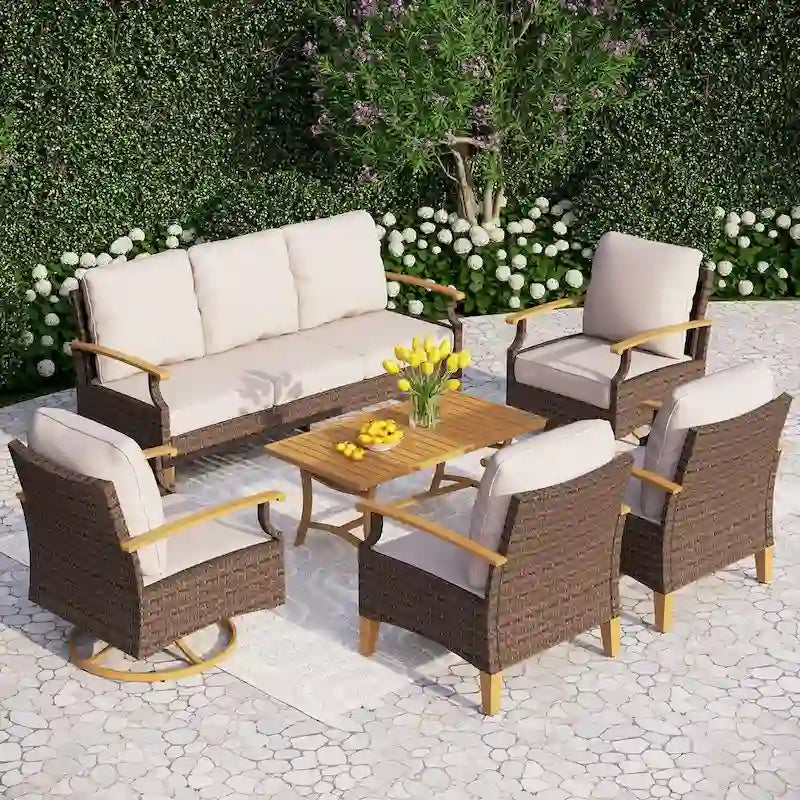 Ensemble de mobilier de jardin 6/9 pièces en rotin et osier avec fauteuil pivotant et rocking-chair