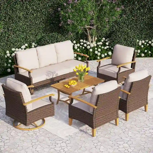 Ensemble de mobilier de jardin 6/9 pièces en rotin et osier avec fauteuil pivotant et rocking-chair