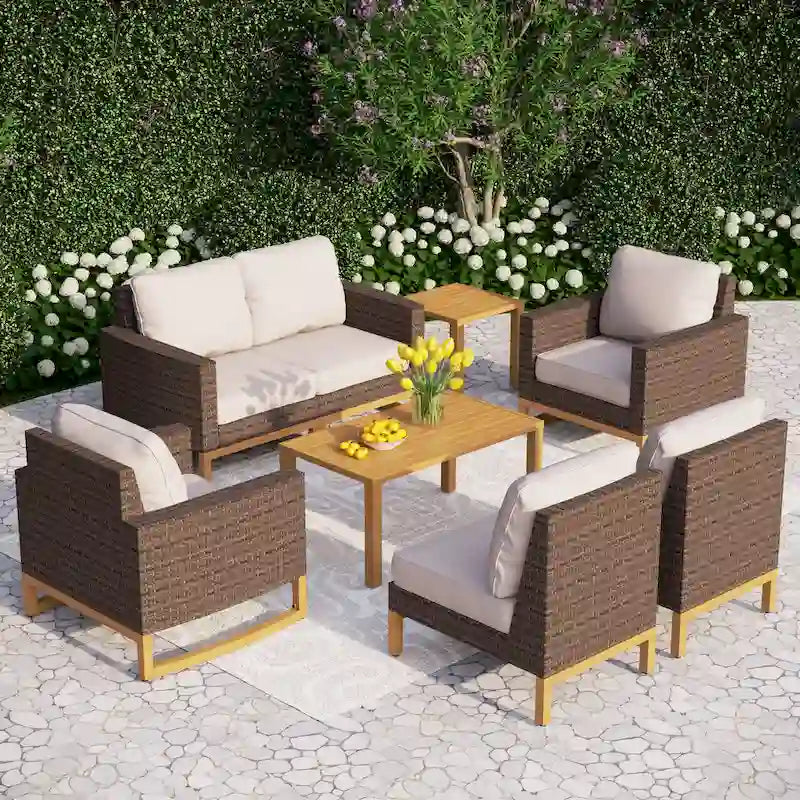 Ensemble de mobilier de jardin 6/9 pièces en rotin et osier avec fauteuil pivotant et rocking-chair