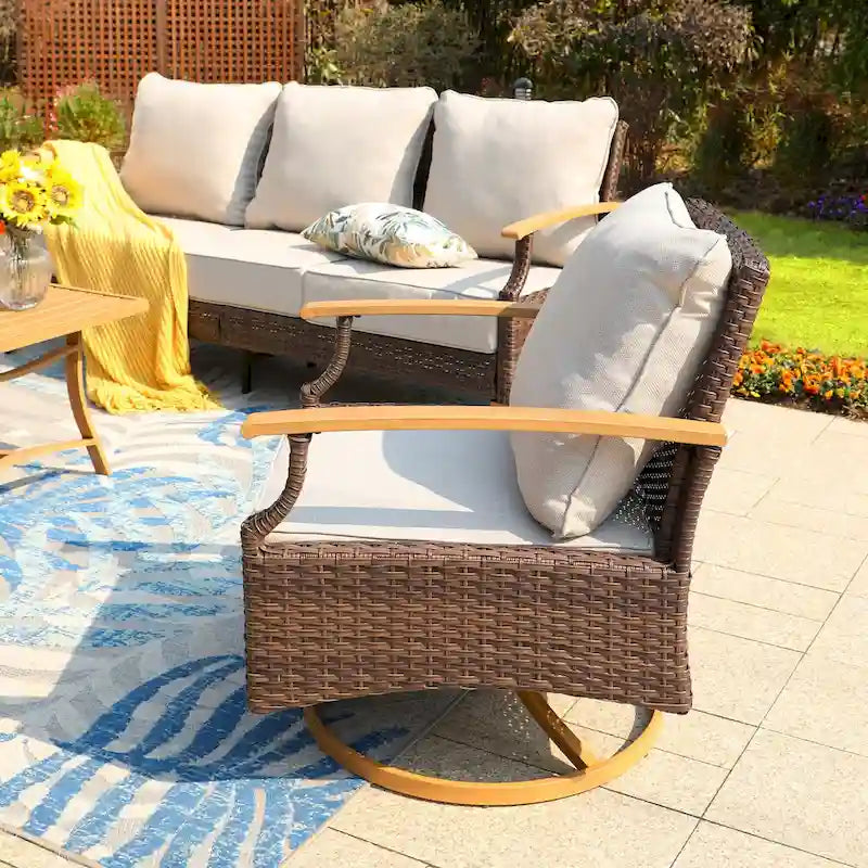 Ensemble de mobilier de jardin 6/9 pièces en rotin et osier avec fauteuil pivotant et rocking-chair