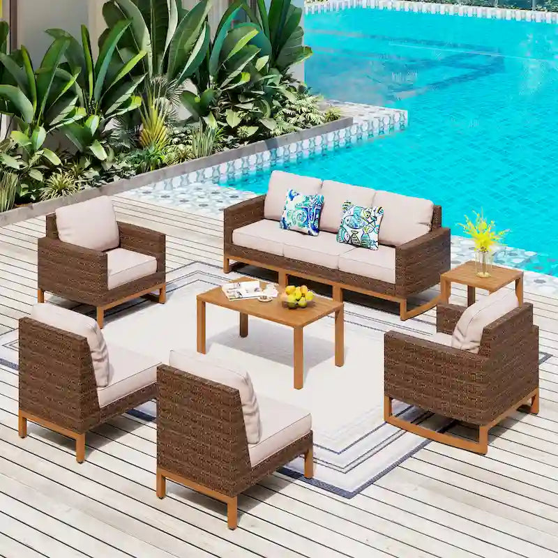 Ensemble de mobilier de jardin 6/9 pièces en rotin et osier avec fauteuil pivotant et rocking-chair